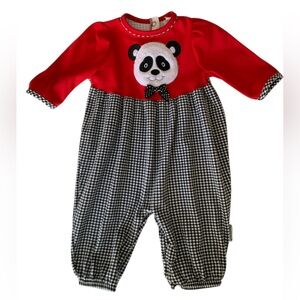 Vintage Healthtex One Piece Panda Bear Red Black Gingham Baby Girls 6 - 9 Months